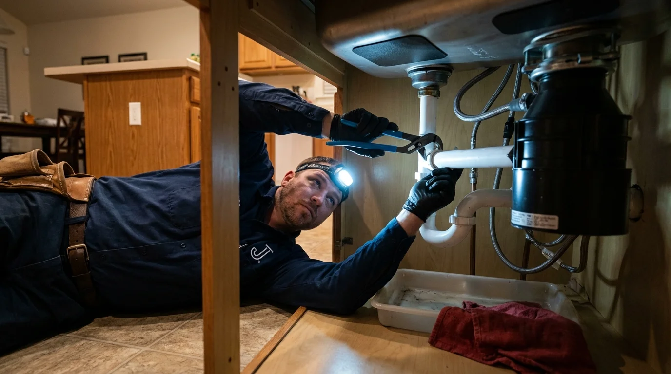 P-trap and supply line connections under a kitchen sink showing a common leak point in Memphis, MO